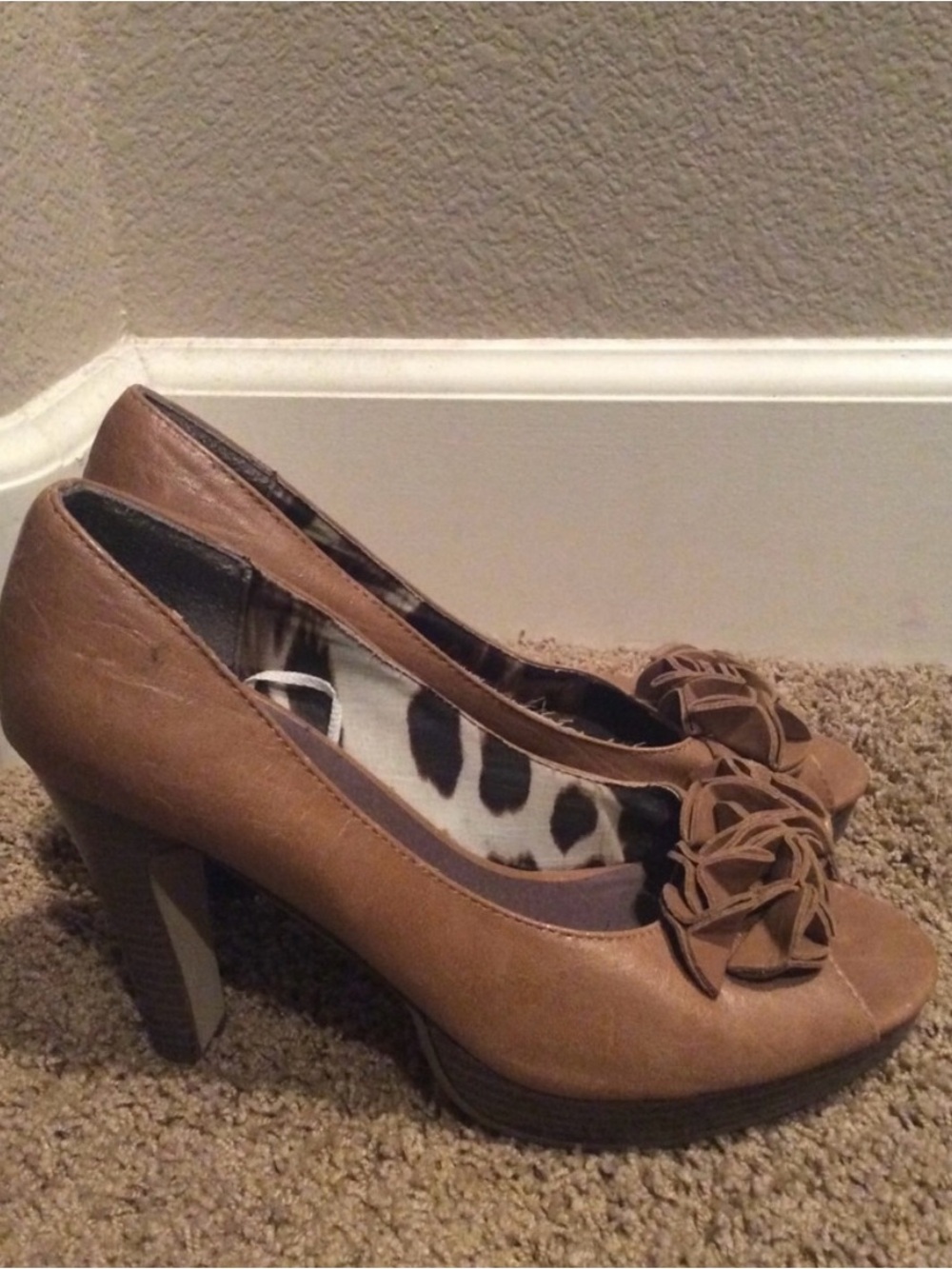 Madden Girl Tan Peep-Toe Heels with Rosette Detail